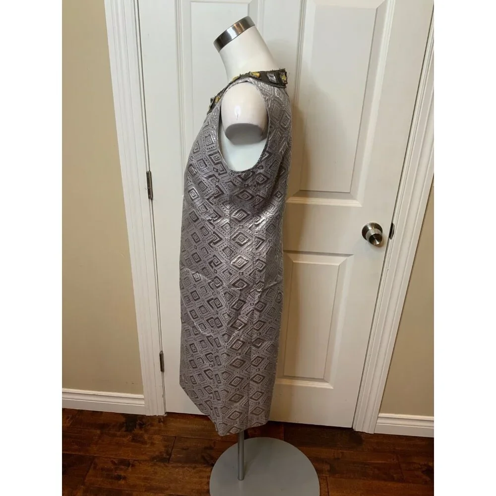 Tory Burch Silver Diamond Jacquard Jewel Neck Shift Dress, Size 10